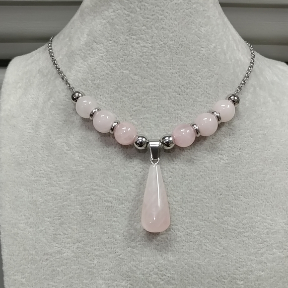 Rose Quartz Beaded Necklace Natural Gemstone Crystal Pendant Stainless-Steel - Picture 4 of 14